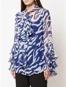 Prabal Gurung Womens Blue Printed Long Sleeve Tie Neck Evening Top 6